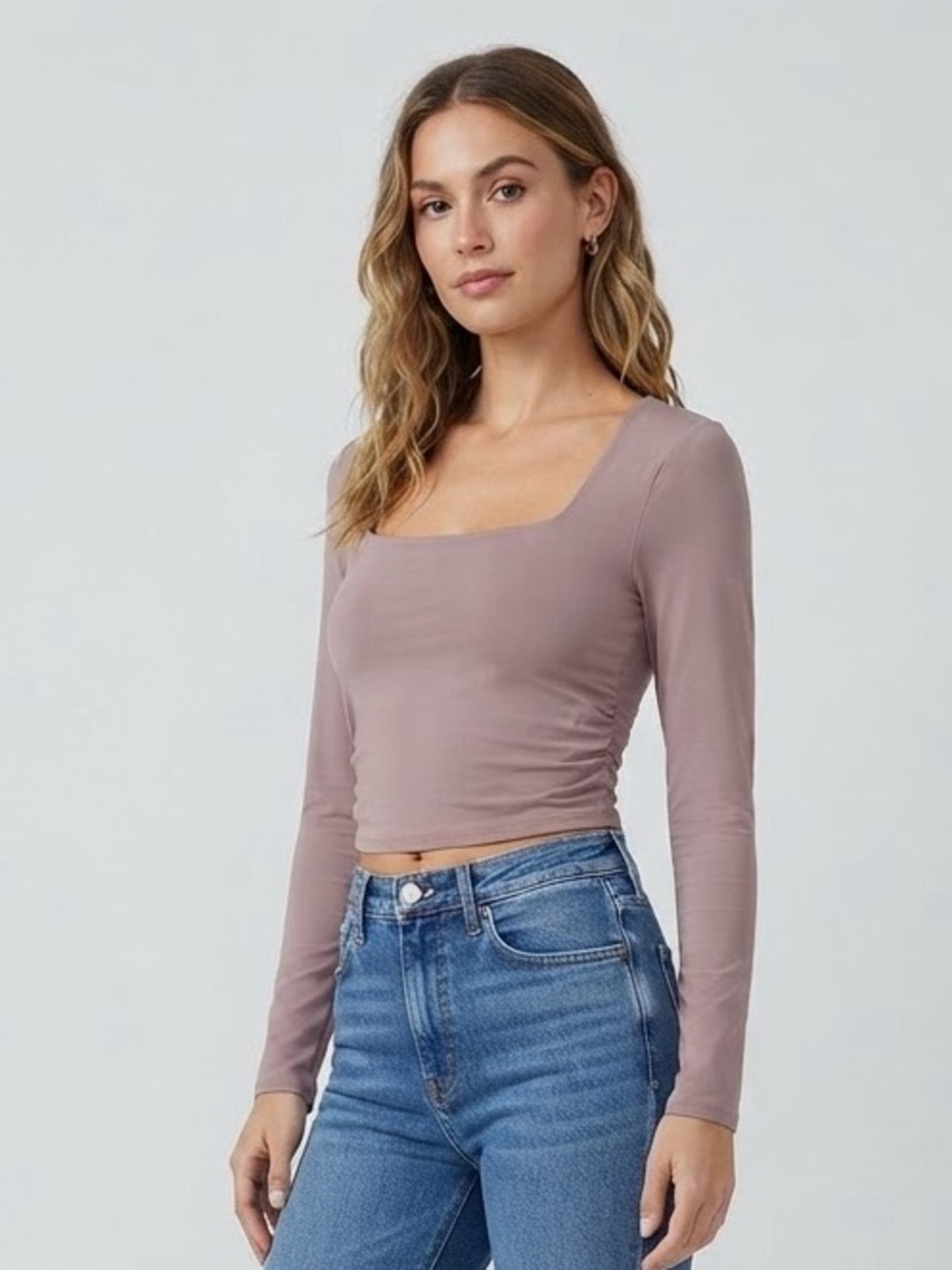 🆕 Pink Rose Square Neck Long Sleeve Crop Top